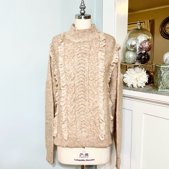 LOFT Fringe Cable Knit Sweater Tan Beige XL - Picture 5 of 10